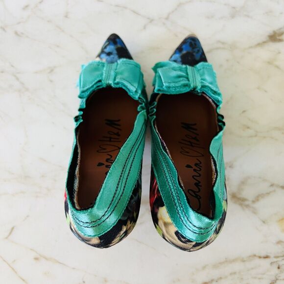 2010 LANVIN x H&M Green Floral Print Bow Mirrored Heels Pumps - EUR 38 / US 7 - Picture 6 of 9